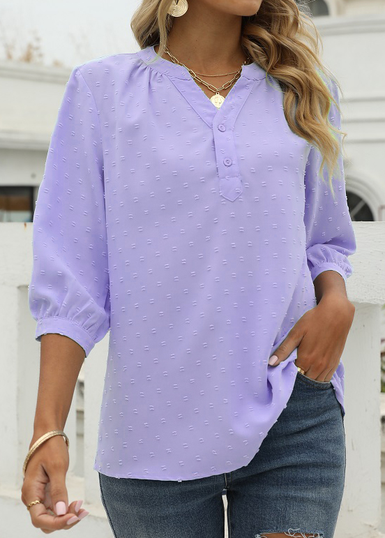 Light Purple tops,Plain Color tops,Light Purple 3/4 Sleeve Split Blouse