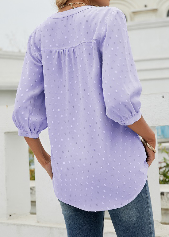 Light Purple tops,Plain Color tops,Light Purple 3/4 Sleeve Split Blouse