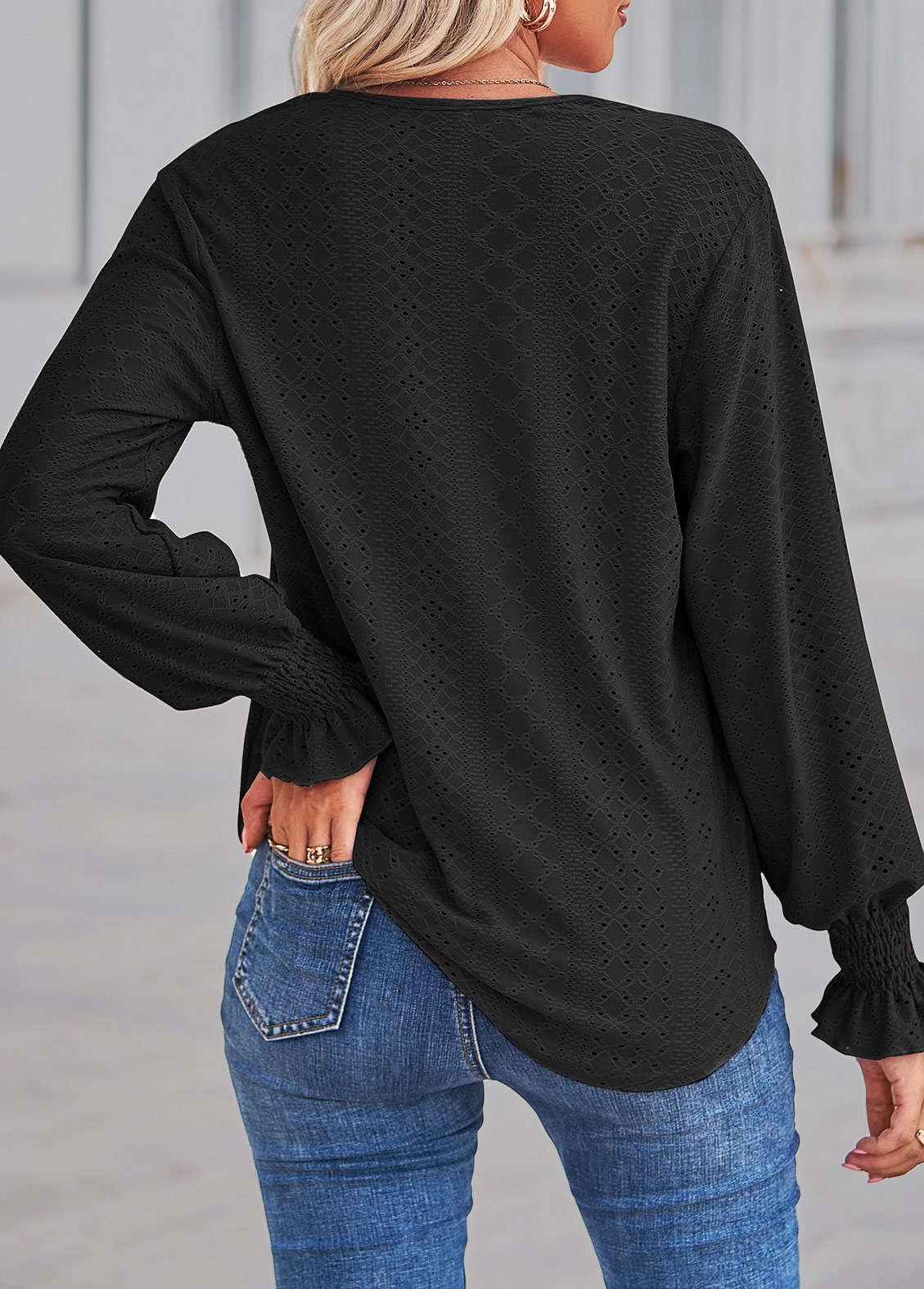 Black tops,Contrast Color tops,Lace Black V Neck Long Sleeve Blouse