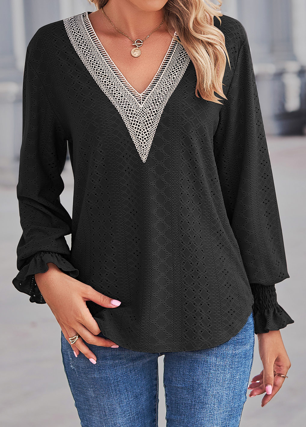 Black tops,Contrast Color tops,Lace Black V Neck Long Sleeve Blouse