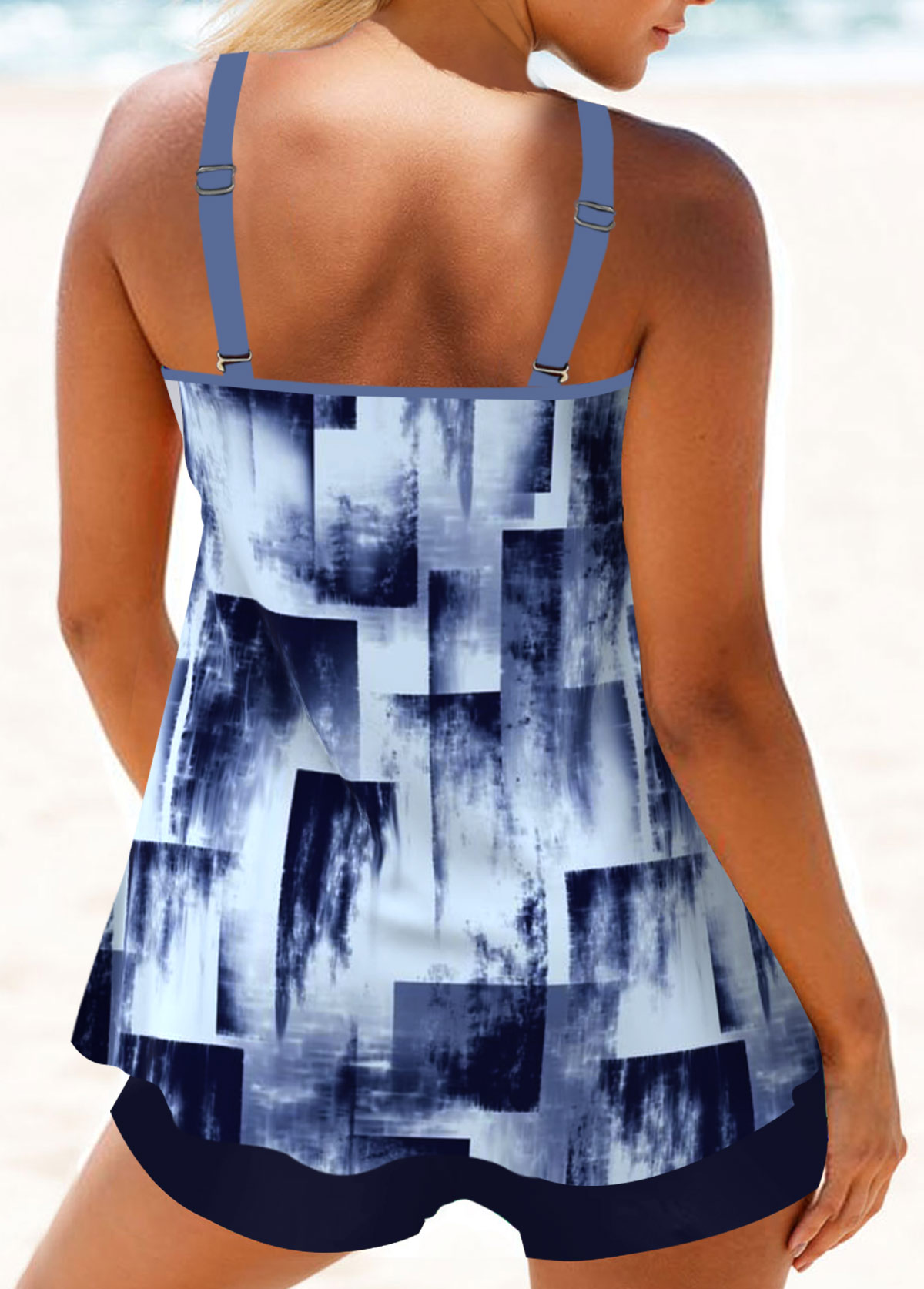 Navy swimwear,Geometric swimwear,ROTITA Metal Ring Navy Geometric Print Tankini Top