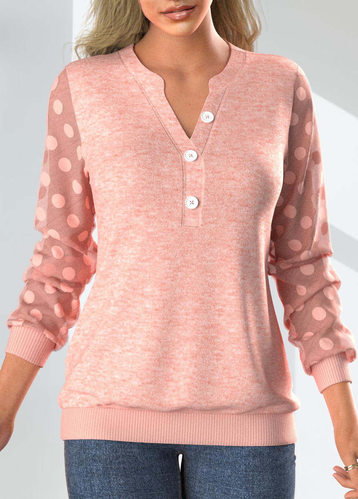 Pink tops,Plain Color tops,ROTITA Button Pink Split Neck Long Sleeve Sweatshirt