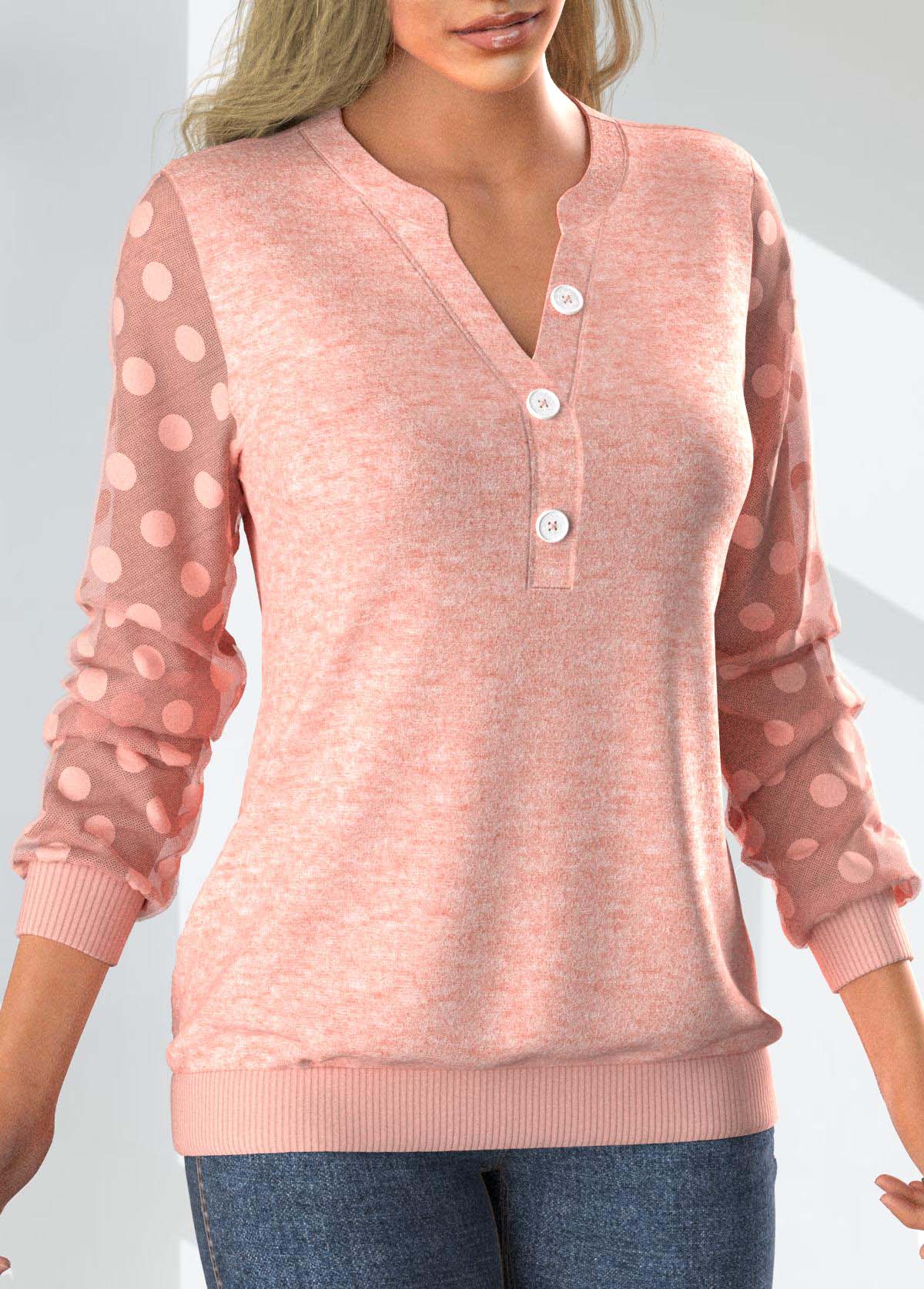 Pink tops,Plain Color tops,ROTITA Button Pink Split Neck Long Sleeve Sweatshirt