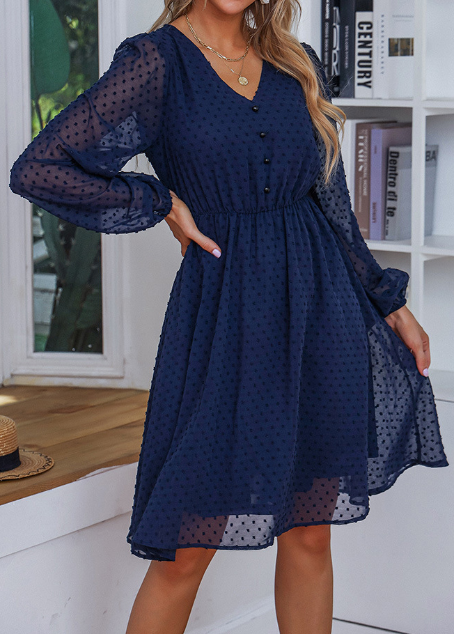 Navy dresses,Plain Color dresses,Button Navy V Neck Long Sleeve Dress