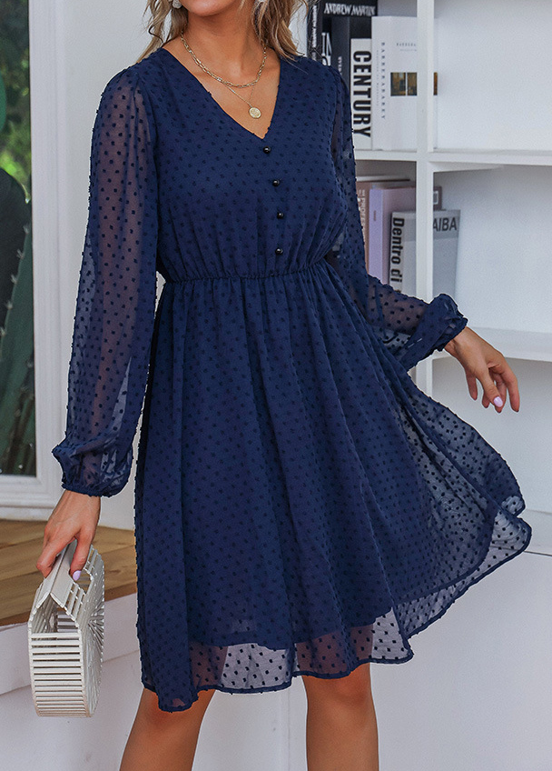 Navy dresses,Plain Color dresses,Button Navy V Neck Long Sleeve Dress