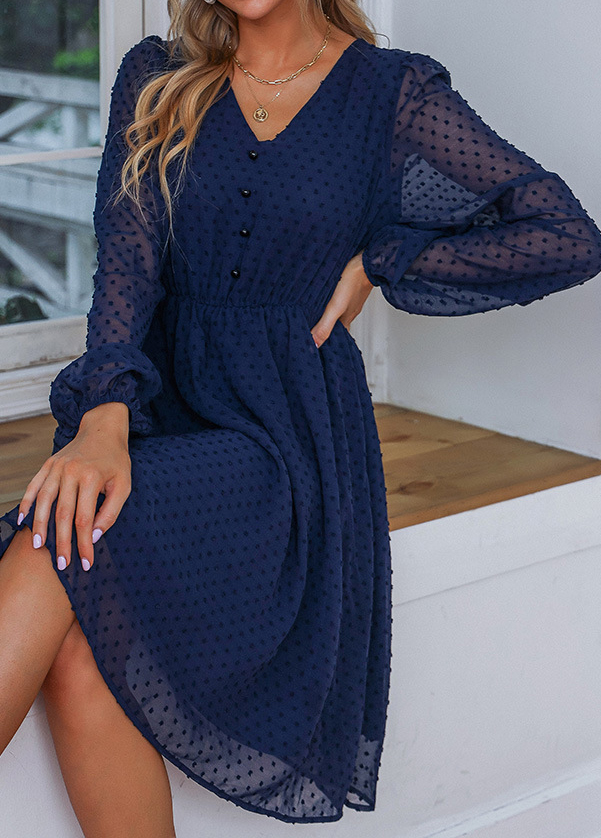 Navy dresses,Plain Color dresses,Button Navy V Neck Long Sleeve Dress