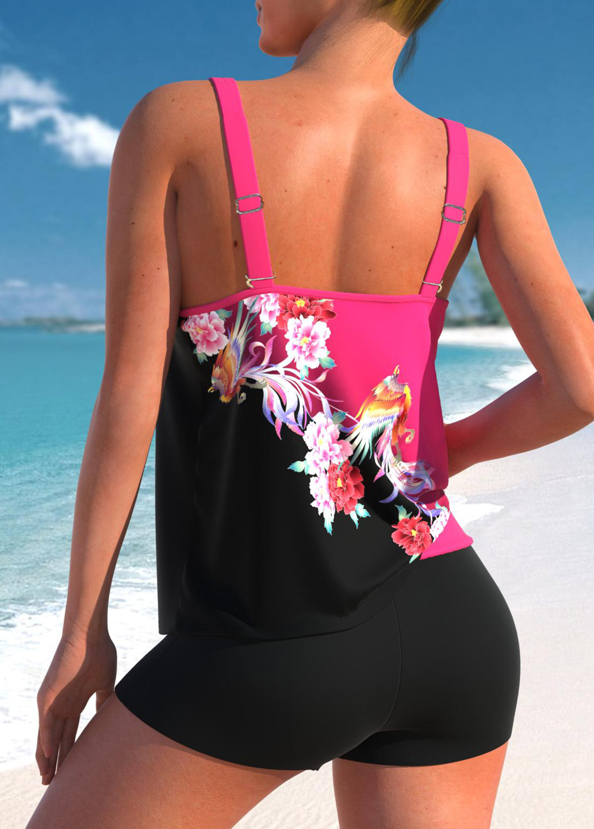 Hot Pink swimwear,Black swimwear,Floral swimwear,Animal Print swimwear,ROTITA Hot Pink Floral Print Tankini Top