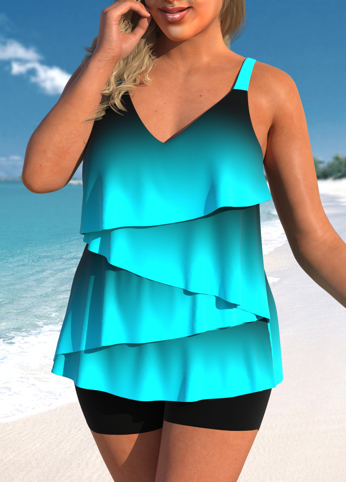Cyan swimwear,Ombre swimwear,ROTITA Layered Hem Cyan Ombre Tankini Top