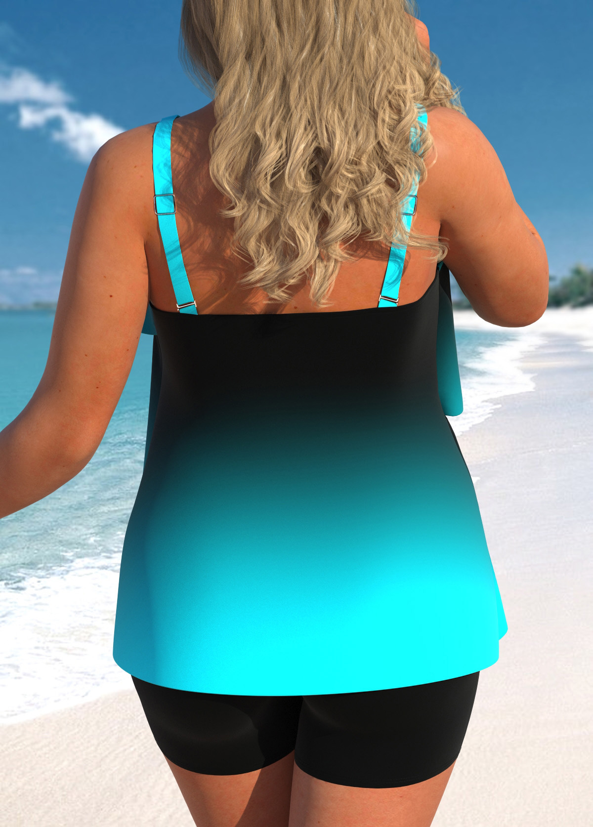 Cyan swimwear,Ombre swimwear,ROTITA Layered Hem Cyan Ombre Tankini Top