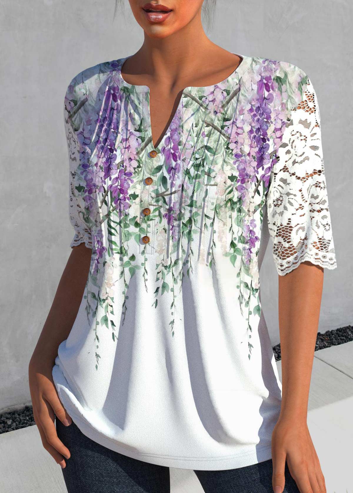 White tops,Floral tops,Plants tops,ROTITA Lace Floral Print White Split Neck Blouse