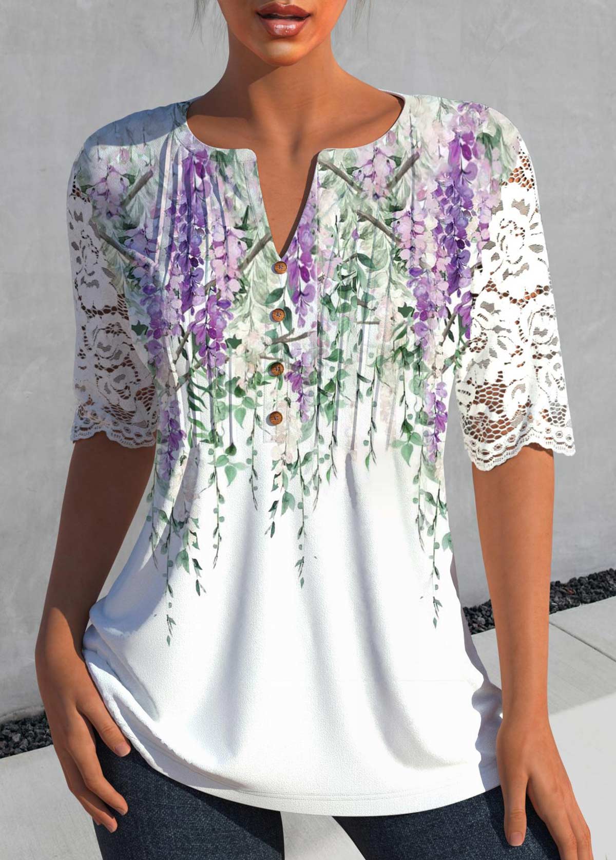 White tops,Floral tops,Plants tops,ROTITA Lace Floral Print White Split Neck Blouse