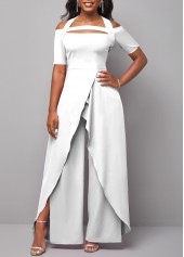 White jumpsuits&rompers,Plain Color jumpsuits&rompers,ROTITA Cold Shoulder Short Sleeve White Jumpsuit