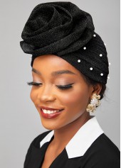 Floral Design Pearl Black Turban Hat