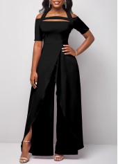 Black jumpsuits&rompers,Plain Color jumpsuits&rompers,ROTITA Cut Out Black Long Straight Leg Halter Jumpsuit