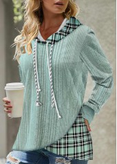 ROTITA Sweat à capuche vert clair à imprimé tartan et ourlet croisé