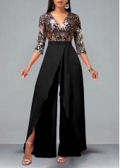 ROTITA Lace Patchwork Floral Print Black Jumpsuit