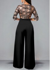 Black jumpsuits & rompers,Floral jumpsuits & rompers,ROTITA Lace Patchwork Floral Print Black Jumpsuit