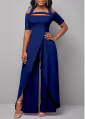 Navy jumpsuits & rompers,Plain Color jumpsuits & rompers,ROTITA Navy Halter Short Sleeve Cold Shoulder Jumpsuit