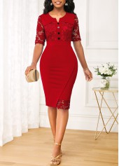 Wine Red dresses,Plain Color dresses,ROTITA Patchwork Wine Red Split Neck Bodycon Dress