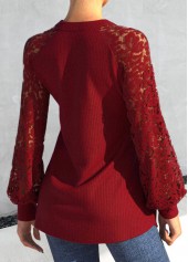 Red tops,Plain Color tops,ROTITA Lace V Neck Red Long Sleeve Blouse