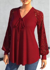Red tops,Plain Color tops,ROTITA Lace V Neck Red Long Sleeve Blouse