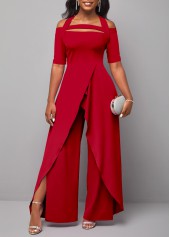 Red jumpsuits & rompers,Plain Color jumpsuits & rompers,ROTITA Cold Shoulder Short Sleeve Red Jumpsuit