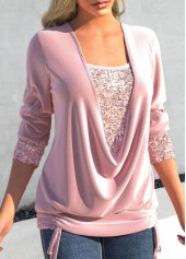 Light Pink tops,Plain Color tops,ROTITA Sequin Light Pink Square Neck T Shirt