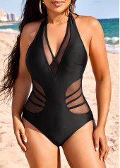 Black swimwear,Plain Color swimwear,ROTITA Patchwork Mesh Black One Piece Swimwear