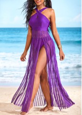 Purple swimwear,Plain Color swimwear,ROTITA Mesh Double Slit Purple Beach Dress