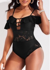 Black swimwear,Plain Color swimwear,ROTITA Lace Spaghetti Strap Black One Piece Swimwear