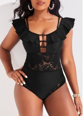 Black swimwear,Plain Color swimwear,ROTITA Lace Spaghetti Strap Black One Piece Swimwear