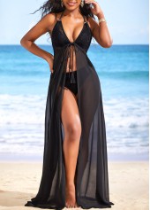 Black swimwear,Plain Color swimwear,ROTITA Metal Ring Tie Front Black Cover Up