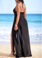 Black swimwear,Plain Color swimwear,ROTITA Metal Ring Tie Front Black Cover Up