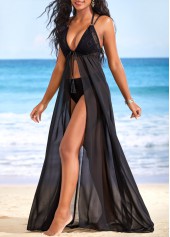 Black swimwear,Plain Color swimwear,ROTITA Metal Ring Tie Front Black Cover Up