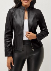 ROTITA Zipper Black Stand Collar Long Sleeve Jacket
