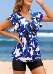 Blue swimwear,Plants swimwear,Drawstring Blue Leaf Print Mid Waisted Tankini Top