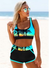 Cyan Contrast Stitch Landscape Print Bikini Set