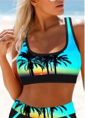 Cyan swimwear,Graphic swimwear,Plants swimwear,ROTITA Cyan Contrast Stitch Landscape Print Bikini Top