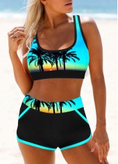 Cyan swimwear,Graphic swimwear,Plants swimwear,ROTITA Cyan Contrast Stitch Landscape Print Bikini Top