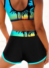 Cyan swimwear,Graphic swimwear,Plants swimwear,ROTITA Cyan Contrast Stitch Landscape Print Bikini Top