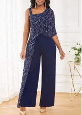 Navy jumpsuits & rompers,Plain Color jumpsuits & rompers,ROTITA Navy One Shoulder Sleeveless Lace Jumpsuit