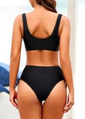 Black swimwear,Plain Color swimwear,Drawstring Black Mid Waisted Bikini Set