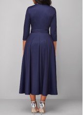 Navy dresses,Plaid dresses,Geometric dresses,ROTITA Button Plaid Navy Belted Turn Down Collar Dress