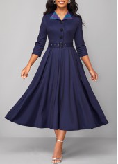 ROTITA Button Plaid Navy Belted Turn Down Collar Dress