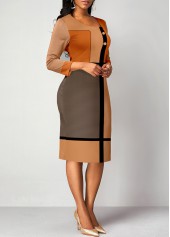 Light Camel dresses,Geometric dresses,Striped dresses,ROTITA Patchwork Geometric Print Light Camel Bodycon Dress