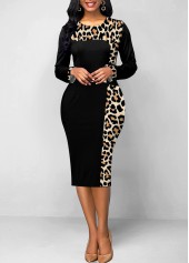 Black dresses,Leopard dresses,ROTITA Patchwork Leopard Black Round Neck Bodycon Dress