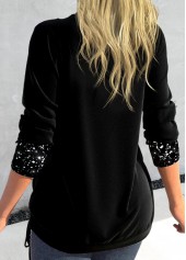 Black tops,Plain Color tops,ROTITA Sequin Black Square Neck Long Sleeve T Shirt