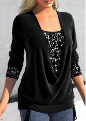 Black tops,Plain Color tops,ROTITA Sequin Black Square Neck Long Sleeve T Shirt