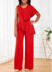 Red jumpsuits & rompers,Plain Color jumpsuits & rompers,ROTITA Ruffle Red V Neck Sleeveless Jumpsuit