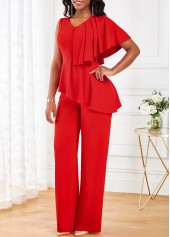 Red jumpsuits & rompers,Plain Color jumpsuits & rompers,ROTITA Ruffle Red V Neck Sleeveless Jumpsuit